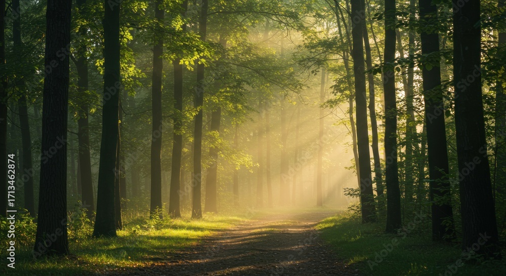 Fototapeta premium Forest path bathed in sunlight Trees line path as mist and light create serene ethereal scene