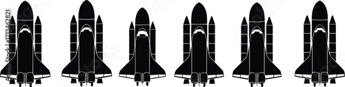 Space shuttle silhouettes in formation, aerospace exploration concept, black vector icons of rockets, spacecraft technology design for science, engineering, innovation illustration