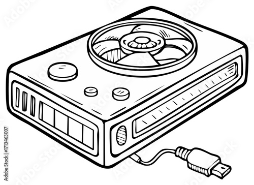 External hard drive with fan, USB connector cable and push button controls in black and white