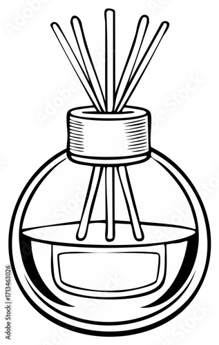 Reed diffuser illustration, essential oils aroma therapy in round bottle, line art air freshener and scent