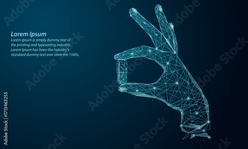 Abstract futuristic illustration of finger holding a capsule pill. low poly wireframe hand delicately holds a capsule, medicine, technology, innovation in healthcare and pharmaceuticals.