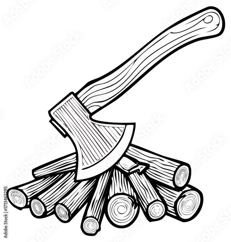 Wood Axe and Pile of Wood Graphic: Monochrome Lumberjack Theme Icon