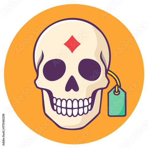 Cartoon Skull with Red Diamond Forehead and Green Price Tag on Yellow Round Background