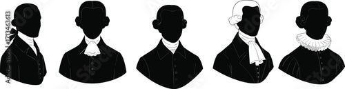 Silhouette vector illustration of historical men in vintage 18th century fashion, classic wigs, elegant coats, cravats, ruffled collars, retro portrait design