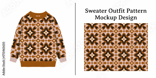 A detailed sweater outfit pattern mockup design showcasing a retro-inspired geometric motif and its seamless repetition for textile applications.