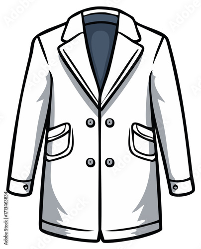 White overcoat illustration with double-breasted buttons, lapels, and pockets for professional attire