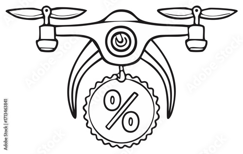 Drone carrying a percentage symbol discount offer. Black and white line art.
