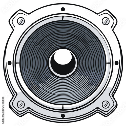 Retro Style Loudspeaker Illustration, Round Shape Audio Speaker Graphic in White and Gray