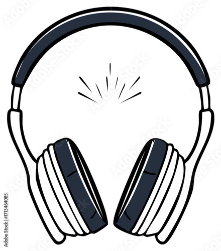 Stylized dark blue and white headphones with sound waves emanating, vector graphic illustration