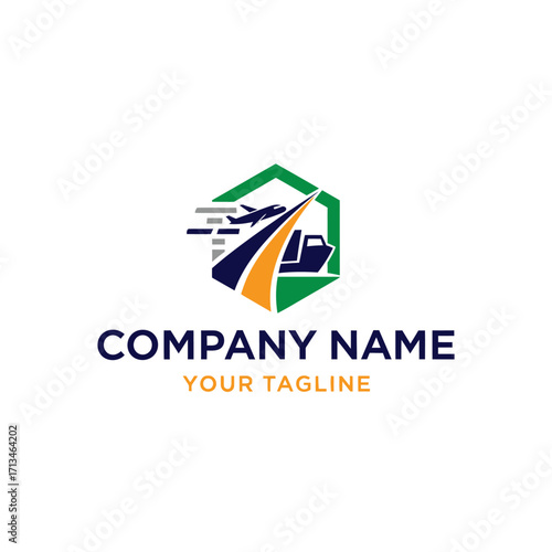 A logo featuring an airplane, a ship, and a road inside a green hexagon, representing transport and logistics. Free Download A logo featuring an airplane, a ship, and a road inside a green hexagon, representing transport and logistics. - GFXLoad