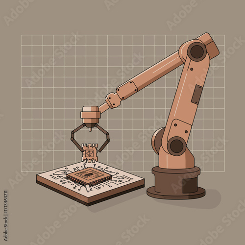 Automated robotic arm placing a microchip on a circuit board in a factory setting with a grid background, representing technological advancement and manufacturing processes
