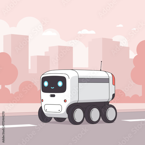 Cute autonomous delivery robot navigating an urban street, representing the future of last-mile logistics and smart city technology with efficient, contactless service