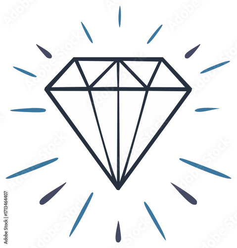 Diamond gemstone illustration with light bursts, isolated on white background. Luxury concept.