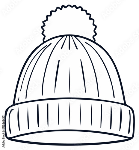 Knitted Winter Hat With Pom Pom Hand Drawn Outline Style, Line Art, Doodle of Warm Seasonal Apparel