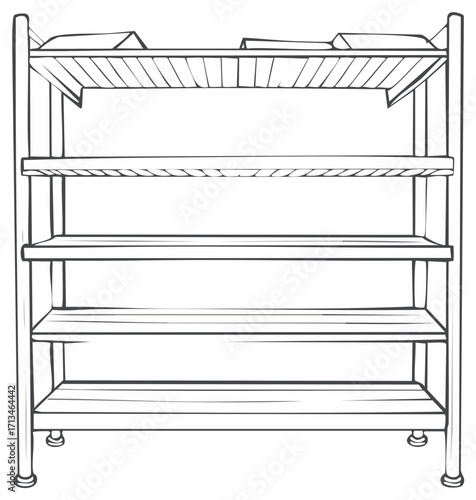 Simple Line Art Drawing of an Empty Five-Tiered Wooden Shelf Unit for Storage or Display