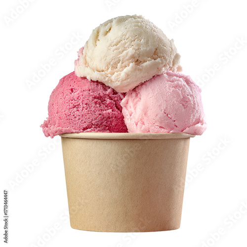 Delicious ice cream cup with three assorted scoops in pink, white, and purple flavors, sweet frozen dessert treat isolated on white background.