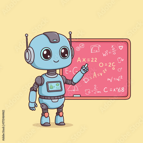 Cute Cartoon Robot Teaching Math Problems on Blackboard, Educational Artificial Intelligence Concept