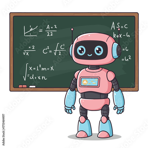 A Cartoon Robot Teacher with Equations and Formulas on a Chalkboard, a Cute Educational Concept