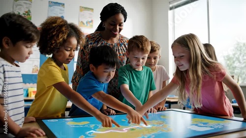 Group children learning geography digital maps cinematic handheld interactive classroom stock video. youthful pupil earth science virtual atlas handheld lesson educational