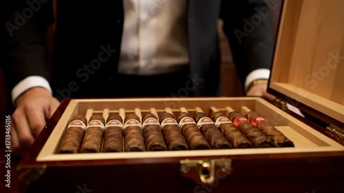 opening humidor filled premium cigars cinematic handheld luxury lifestyle stock video. unboxing fine tobacco filmic portable opulent existence footage.