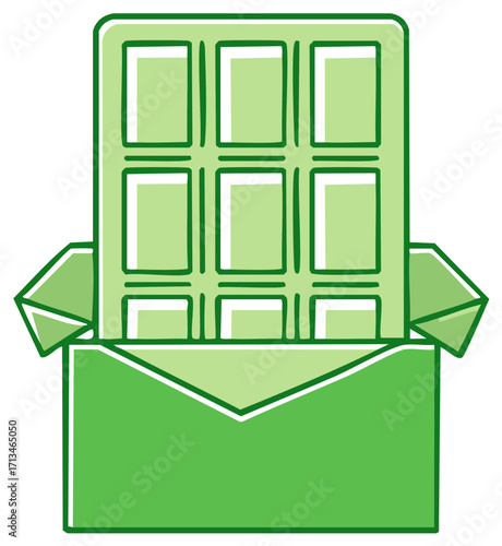 Green Chocolate Bar In Packaging, Vector Illustration, Sweet Dessert Concept
