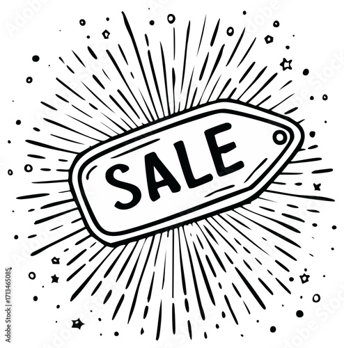 Hand drawn sale tag with starburst effect for discounts and promotions