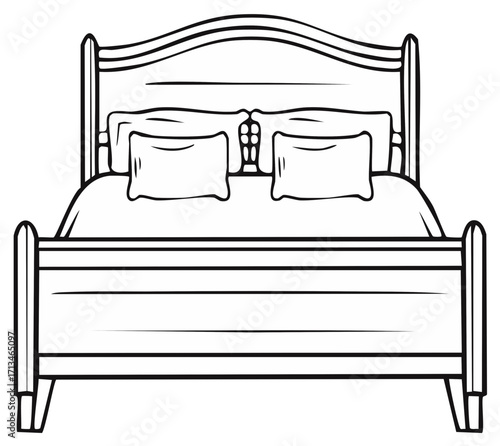 Classic wooden bed frame with decorative headboard and footboard featuring pillows and bedding illustration