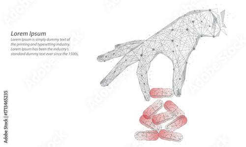 Abstract wireframe illustration of a hand picking up a capsule from a lot of capsules. Below the hand, several pills are stacked,low poly futuristic medicine, technology, innovation in healthcare.