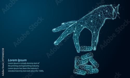 Abstract wireframe illustration of a hand picking up a capsule from a lot of capsules. Below the hand, several pills are stacked,low poly futuristic medicine, technology, innovation in healthcare.