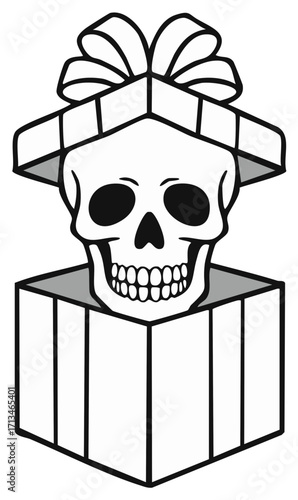 Surprise Skull in a Gift Box Line Art Illustration Graphic