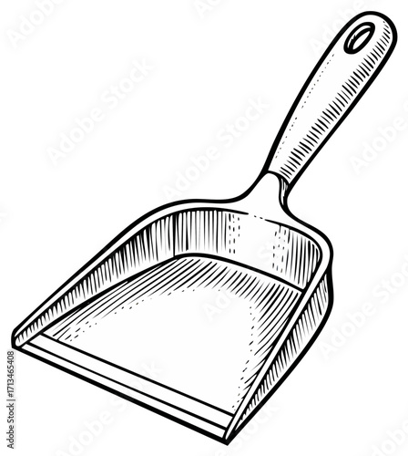 Black and white line drawing of a dustpan, with a handle and scoop, depicting a classic cleaning tool isolated.