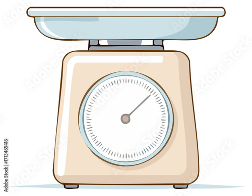 Illustrated analog kitchen scale for food weighing with tray and dial face for baking and cooking