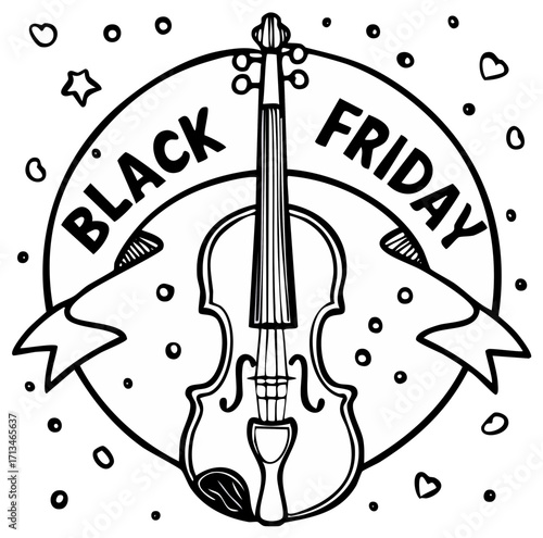 Black Friday sales banner with a violin and decorative elements for music lovers.