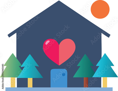 Charming house with heart symbol and trees under a bright sun illustration vector