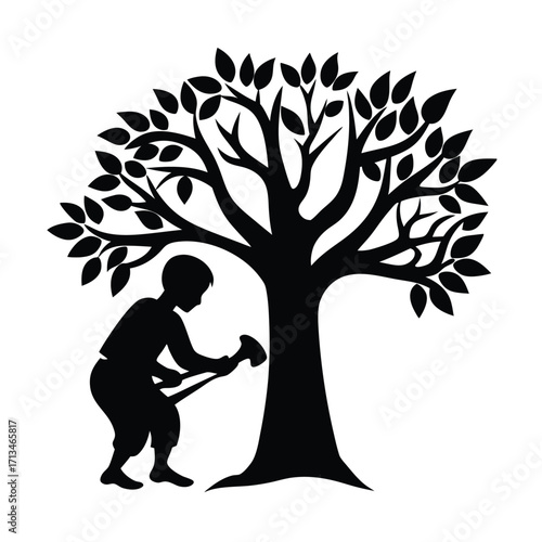 Silhouette of a boy chopping a tree with an axe Keywords: boy, child, tree, chopping, axe