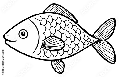 Simple Outline Drawing of a Smiling Fish with Scaled Body and Fins