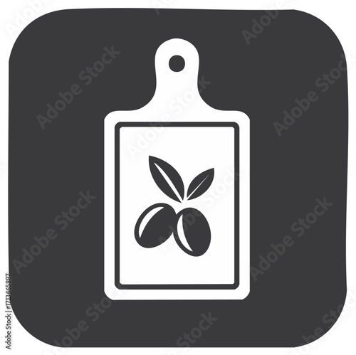 White chopping board icon with olives and leaves against a dark gray background.