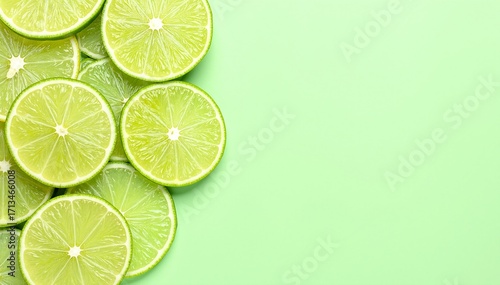Vibrant lime slices arranged artfully on a fresh green background, showcasing their juicy texture and zesty color, perfect for a refreshing summer vibe.