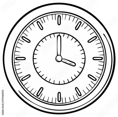 Hand drawn outline illustration of a classic round wall clock showing time for scheduling and punctuality