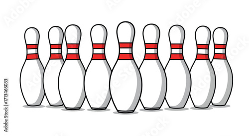Ten bowling pins arranged in a traditional bowling formation.