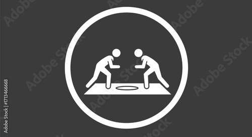 Stylized white icon showing two wrestlers facing each other on a mat inside a circle.