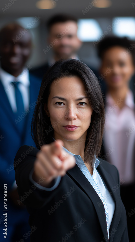 Fototapeta premium Businesswoman in suit pointing forward with colleagues behind her. 