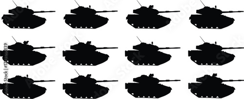 Silhouette vector collection of military battle tanks, armored combat vehicle icons for war strategy design, defense projects, gaming, and graphic illustration