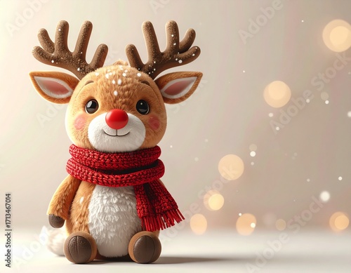 Plush Reindeer Toy with Red Scarf. Soft plush reindeer toy wearing red scarf, cozy Christmas decoration isolated on background.