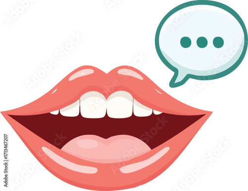 Smiling mouth with speech bubble, expressing communication or conversation.
