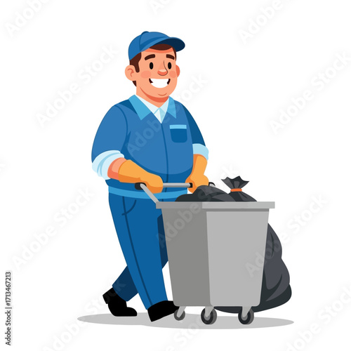 Smiling sanitation worker pushing a trash cart down the street, collecting waste with a cheerful demeanor.