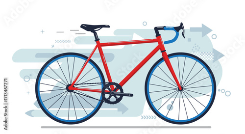 A red road bicycle with blue wheels and handlebars in a side profile view, depicted in a flat vector illustration style with motion arrows.