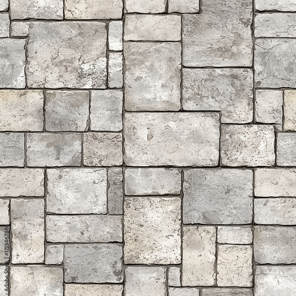 Obraz premium Seamless realistic top-down view of a cobblestone floor. It's a close-up of a rustic, textured outdoor pavement made of weathered gray stones with a varied, irregular pattern