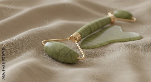 A jade roller and gua sha tool rest on a beige textured surface Gold accents highlight the tools structure