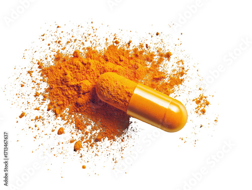 Orange capsule atop turmeric powder